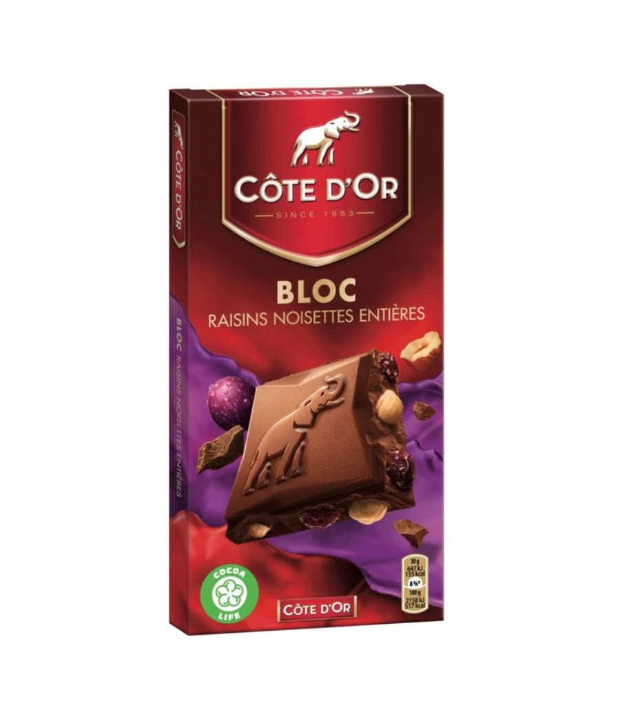 TABLETTE DE CHOCOLAT AU LAIT RAISIN NOISET COTE D'OR 180G