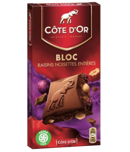 TABLETTE DE CHOCOLAT AU LAIT RAISIN NOISET COTE D'OR 180G