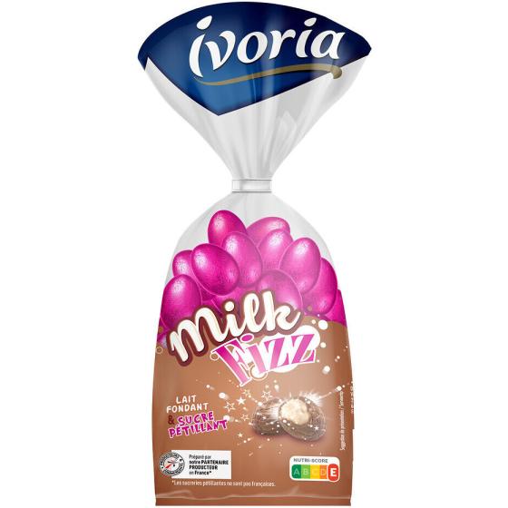CHOCOLAT IVORIA SACHET PETITS OEUFS FUN FOURRAGE LAIT ET SUCRE PETILLANT, MILK FIZZ - 200G
