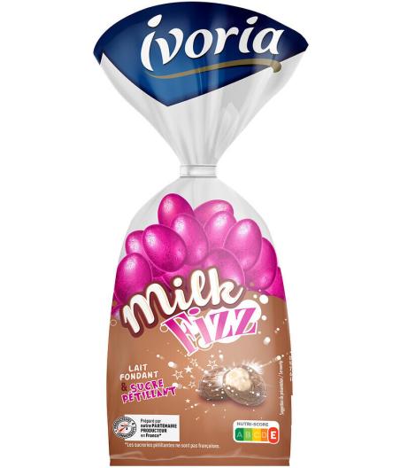 CHOCOLAT IVORIA SACHET PETITS OEUFS FUN FOURRAGE LAIT ET SUCRE PETILLANT, MILK FIZZ - 200G