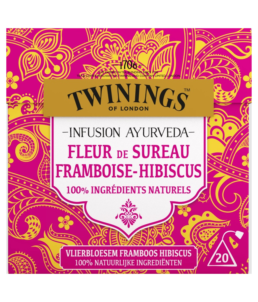 INFUSION TWININGS AYURVEDA FLEUR DE SUREAU FRAMBOISE HIBISCUS 20 SACHETS 20G