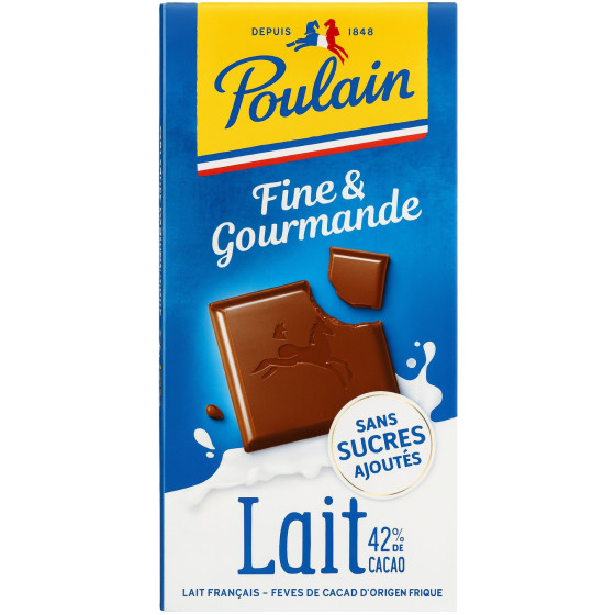 TABLETTE DE CHOCOLAT FINE ET GOURMANDE LAIT FRANCAIS SANS SUCRES  AJOUTES POULAIN 100G