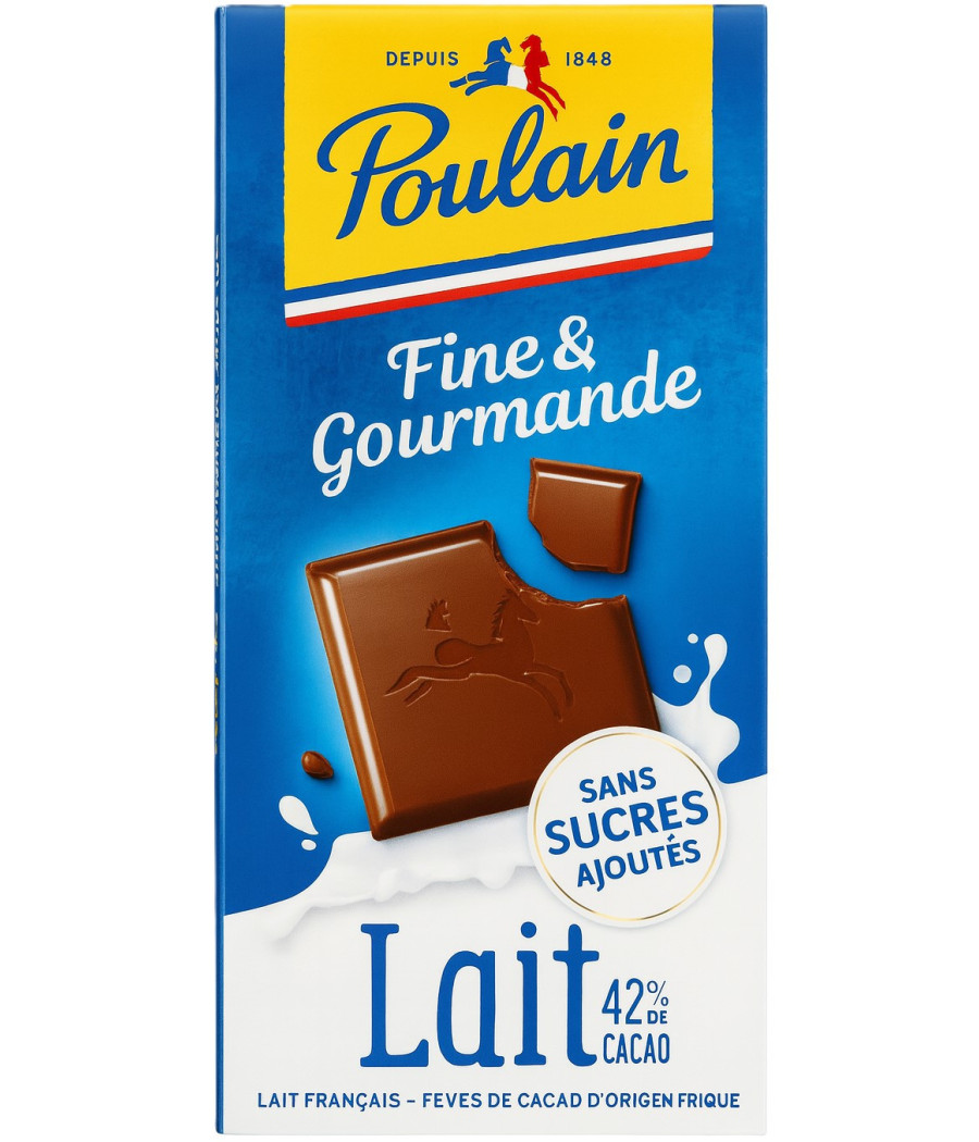 TABLETTE DE CHOCOLAT FINE ET GOURMANDE LAIT FRANCAIS SANS SUCRES  AJOUTES POULAIN 100G