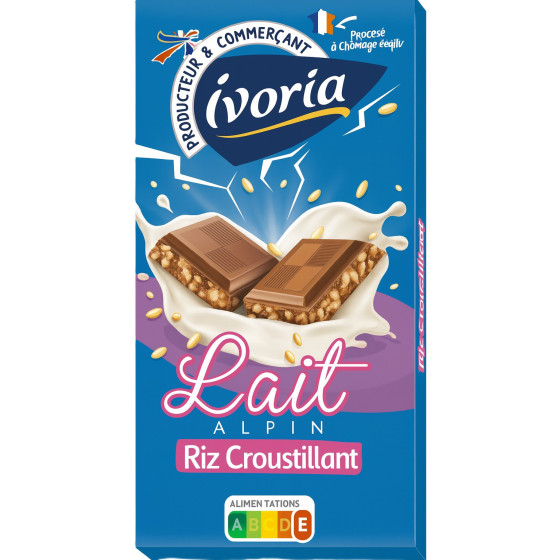 TABLETTE DE CHOCOLAT AU LAIT RIZ CROUSTILLANT IVORIA 100G