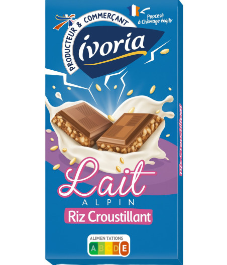 TABLETTE DE CHOCOLAT AU LAIT RIZ CROUSTILLANT IVORIA 100G
