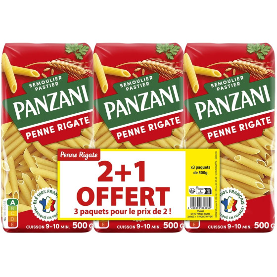 PANZANI PENNE RIGATE 2X500G +1 PAQUET GRATUIT