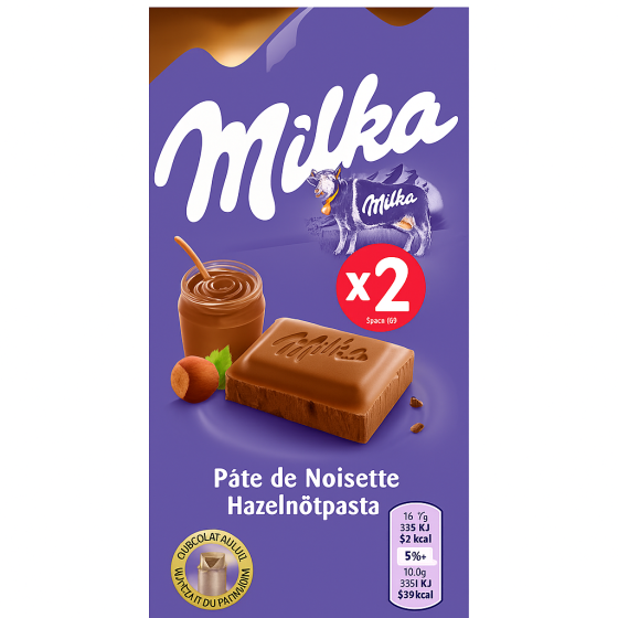 LOT DE 2 TABLETTES DE CHOCOLAT PATE DE NOISETTE MILKA 2X100G