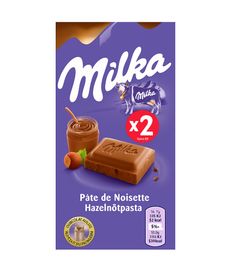 LOT DE 2 TABLETTES DE CHOCOLAT PATE DE NOISETTE MILKA 2X100G