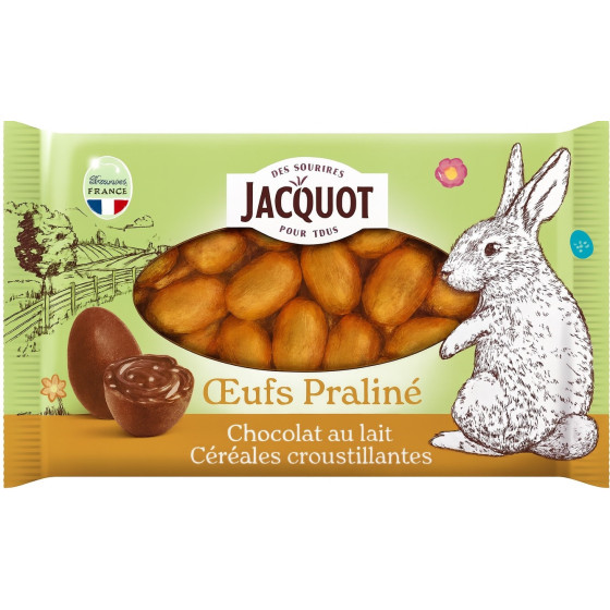 ŒUFS EN CHOCOLAT PRALINE AU LAIT CEREALES CROUSTILLANTES JACQUOT 100G