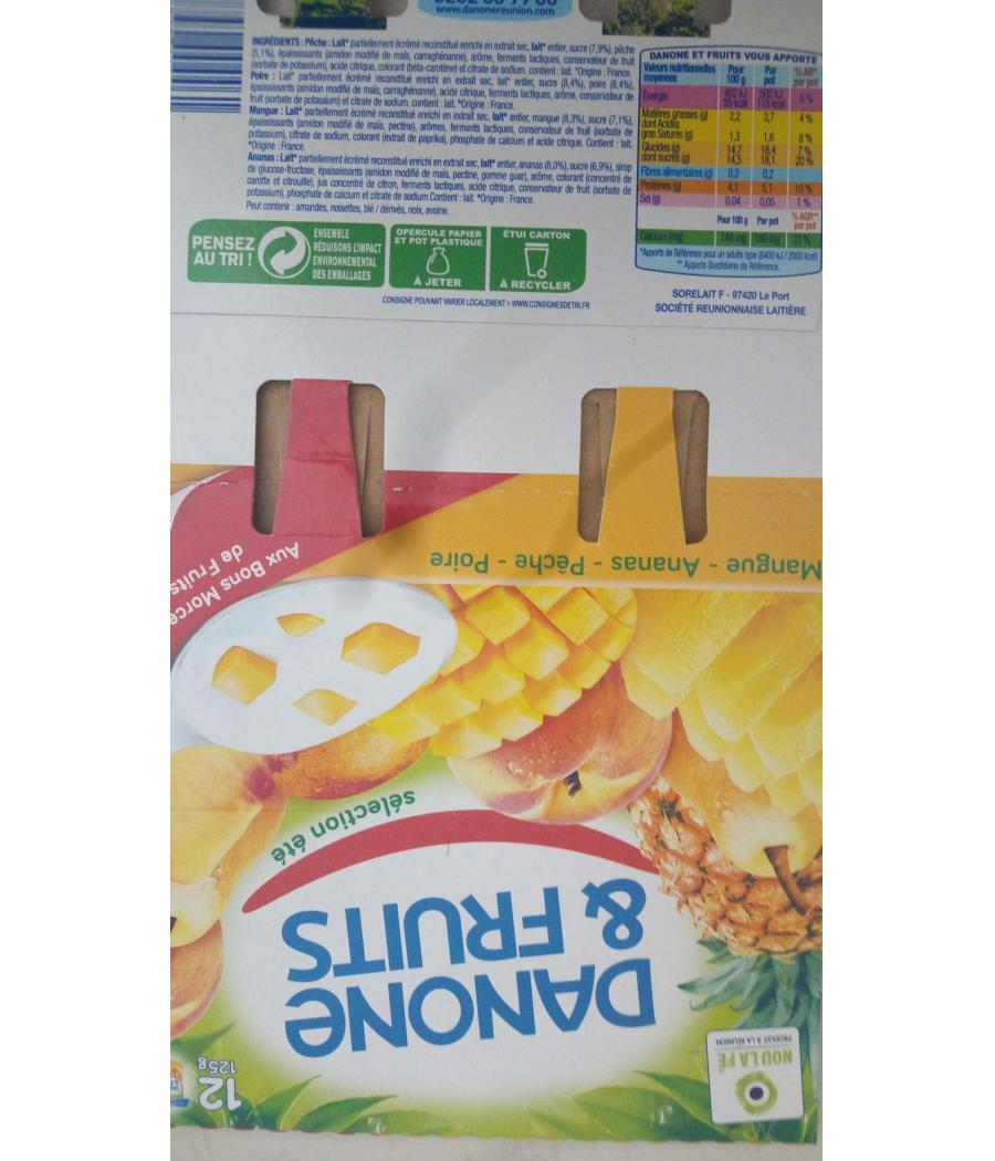 YAOURT FRUITES MANGUE ,ANANAS,PECHE,POIRE DANONE ET FRUITS  125G