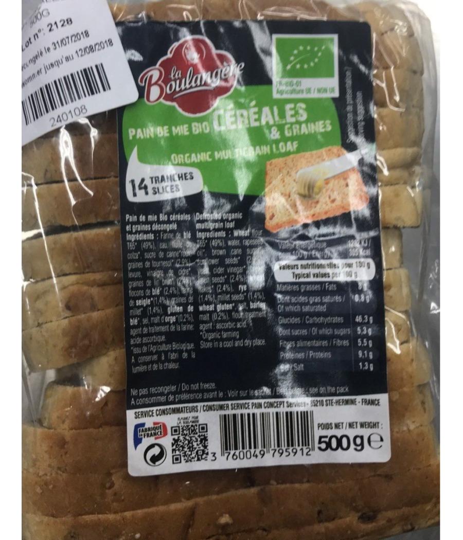 PAIN DE MIE BIO CEREALES ET GRAINES 500G