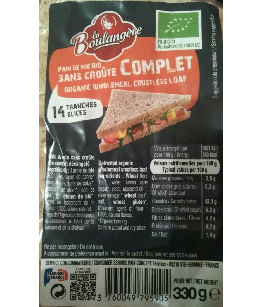 PAIN DE MIE COMPLET BIO LA BOULANGERE 330G