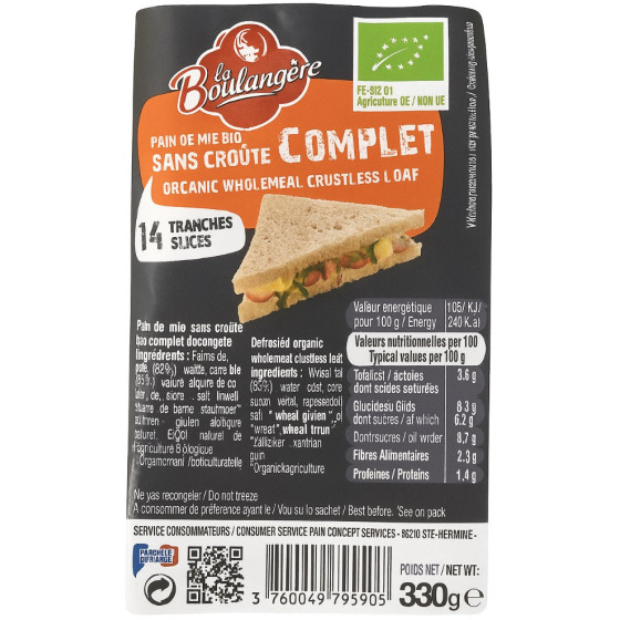 PAIN DE MIE COMPLET BIO LA BOULANGERE 330G