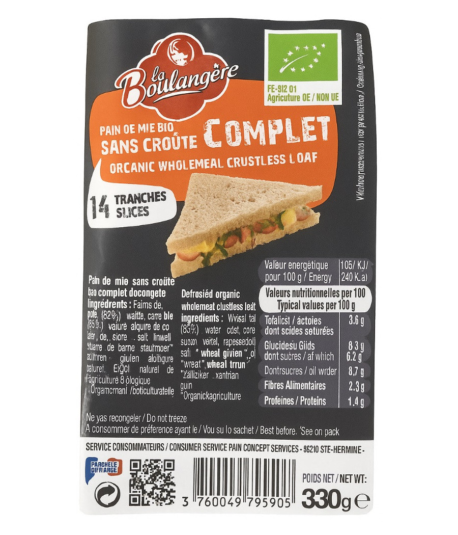 PAIN DE MIE COMPLET BIO LA BOULANGERE 330G