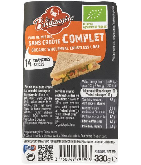 PAIN DE MIE COMPLET BIO LA BOULANGERE 330G