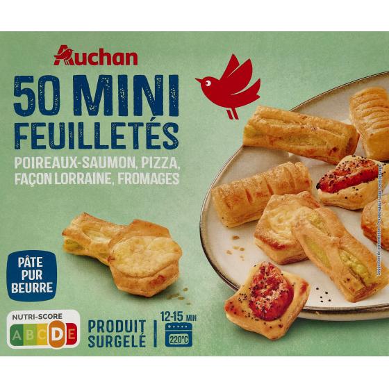 MINI-FEUILLETES POIREAUX-SAUMON, PIZZA, FACON LORRAINE, FROMAGES AUCHAN 480G