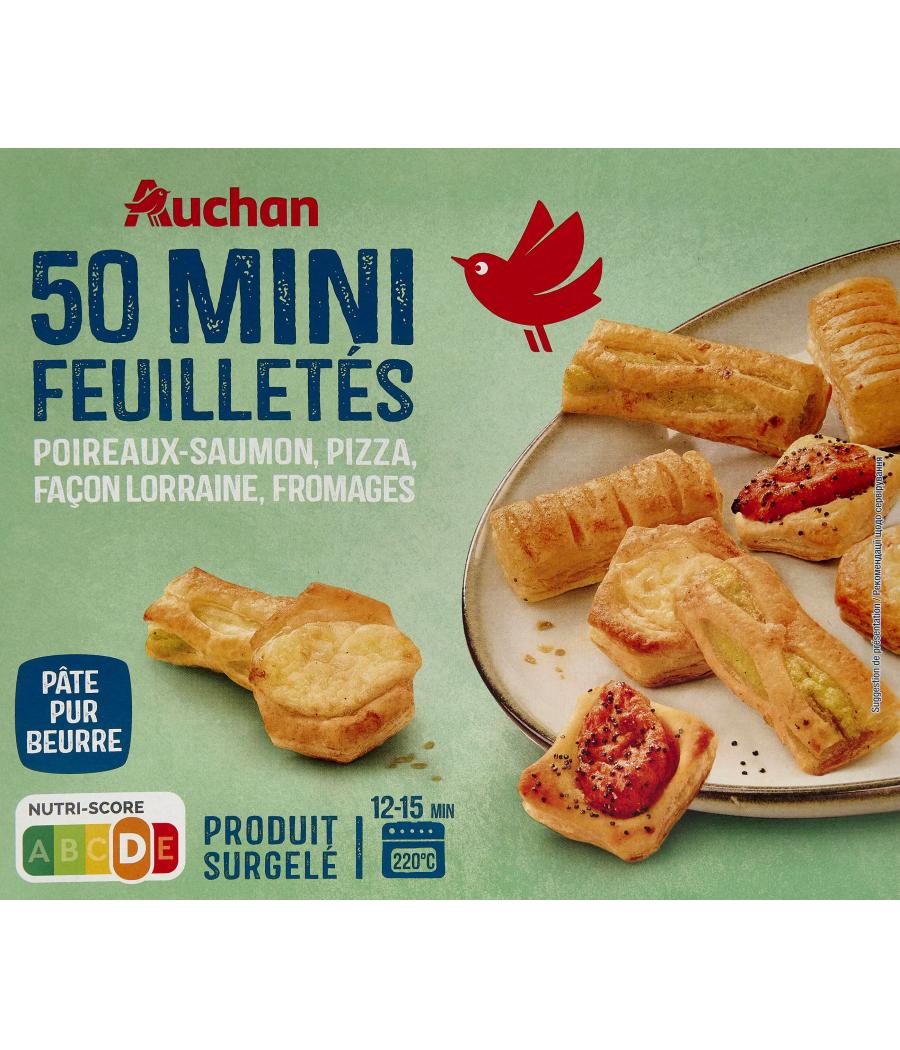 MINI-FEUILLETES POIREAUX-SAUMON, PIZZA, FACON LORRAINE, FROMAGES AUCHAN 480G