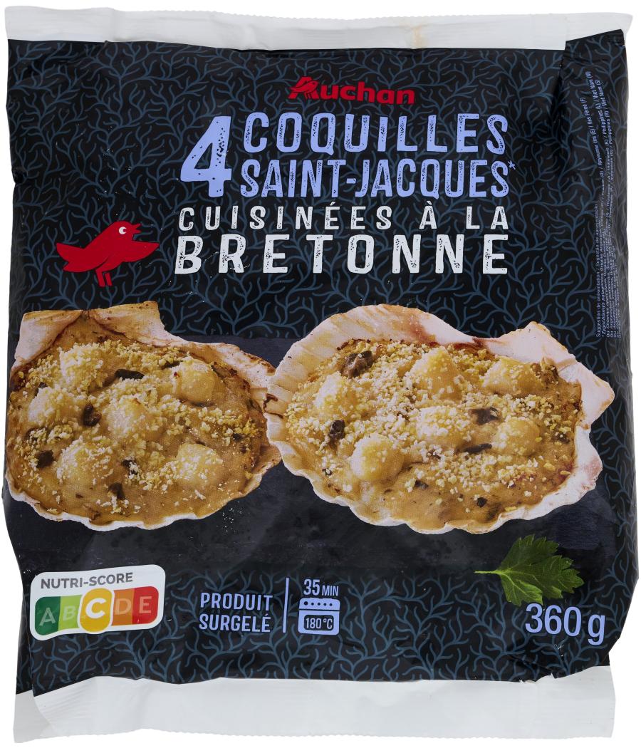 4 COQUILLES SAINT-JACQUES CUISINEES A LA BRETONNE AUCHAN 360G