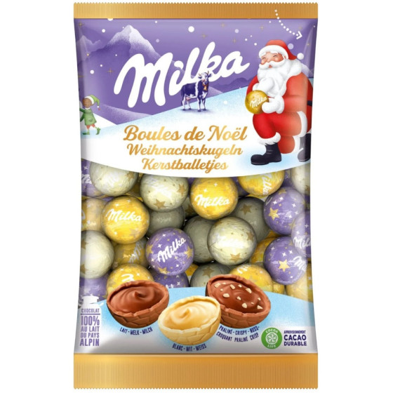 ASSORTISSEMENTS DE CHOCOLAT LAIT ,BLANC ET PRALINES BOULE DE NOEL MILKA 350G