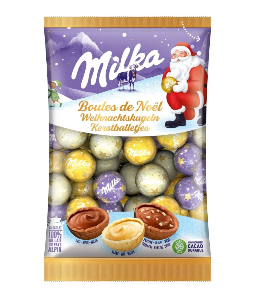 ASSORTISSEMENTS DE CHOCOLAT LAIT ,BLANC ET PRALINES BOULE DE NOEL MILKA 350G