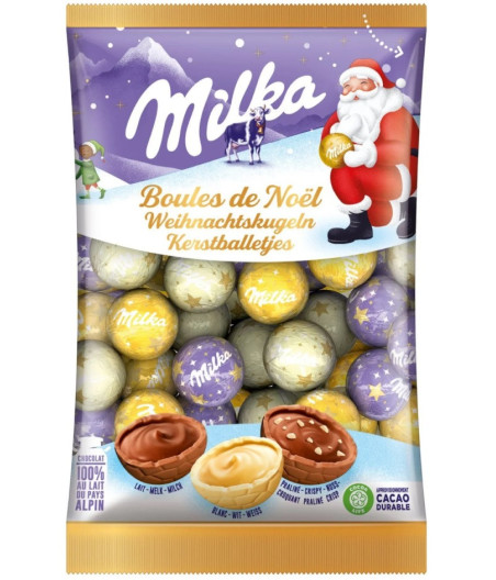 ASSORTISSEMENTS DE CHOCOLAT LAIT ,BLANC ET PRALINES BOULE DE NOEL MILKA 350G