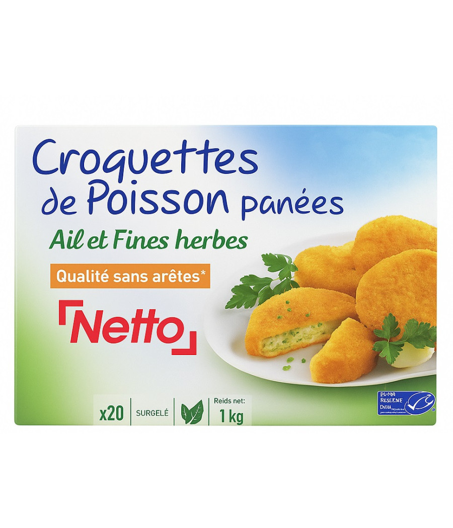 CROQUETTES DE POISSON PANEES AIL ET FINES HERBES MSC 1KG 1000 G