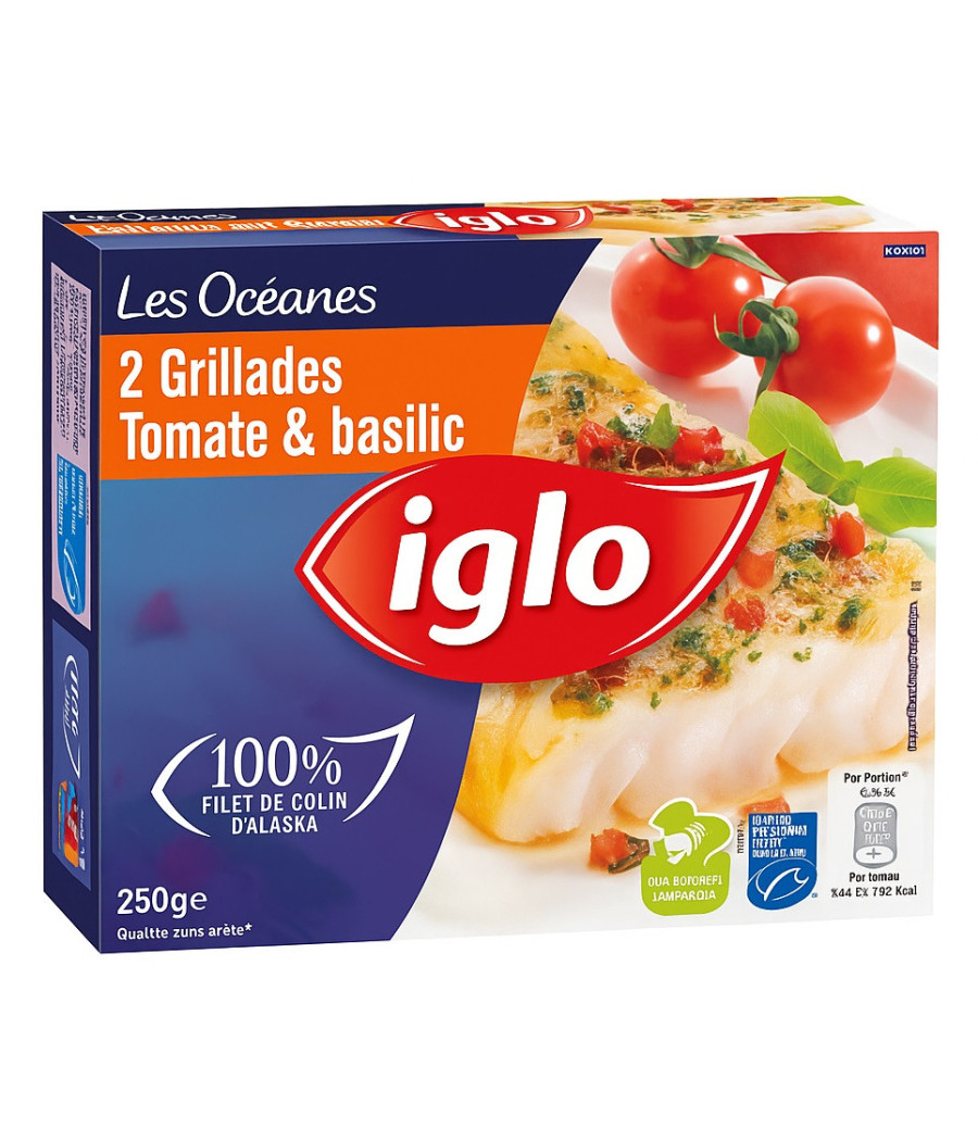 LES OCEANES, 2 GRILLADES TOMATE & BASILIC 100% FILET DE COLIN D\'ALASKA 250 G