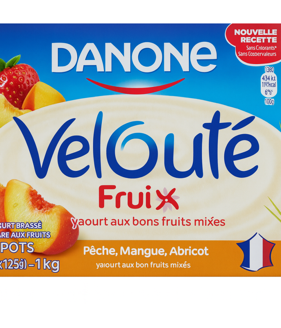 YAOURTS DANONE BRASSES VELOUTE FRUIX MANGUE, FRAISE, PECHE, FRAMBOISE 12X125G