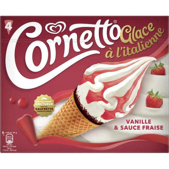 GLACE A L'ITALIENNE VANILLE ET FRAISE CORNETTO X4 324G
