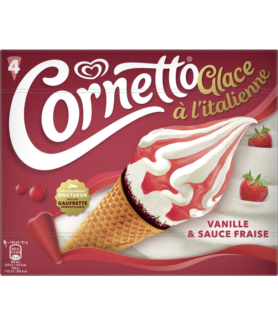 GLACE A L'ITALIENNE VANILLE ET FRAISE CORNETTO X4 324G