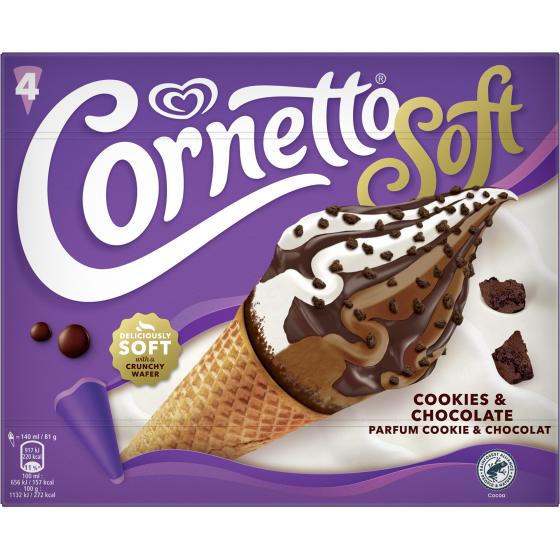 GLACE A L'ITALIENNE COOKIE ET CHOCOLAT CORNETTO 4X140ML