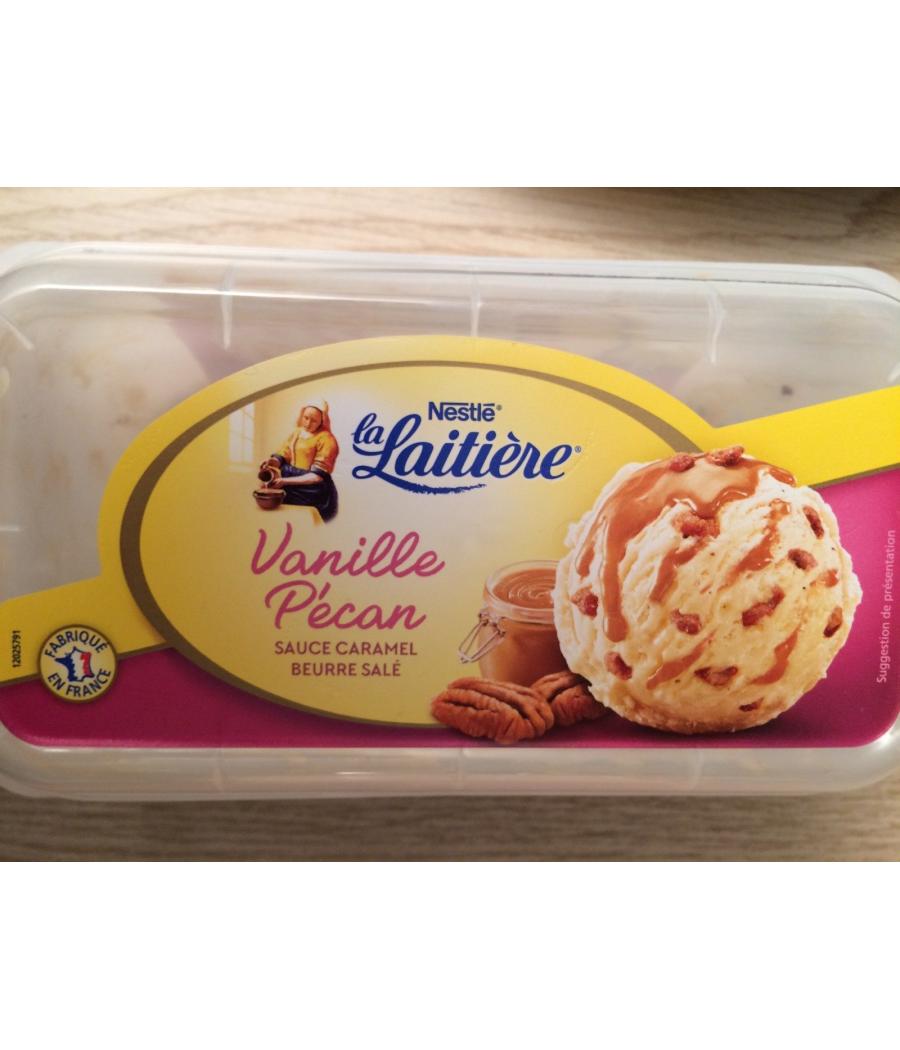 CREME GLACEE VANILLE PECAN SAUCE CARAMEL BEURRE SALE LA LAITIERE 510G