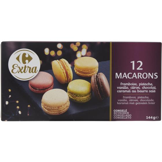 12 MACARONS FRAMBOISE, PISTACHE, VANILLE, CITRON, CHOCOLAT, CARAMEL AU BEURRE SALE 120 G