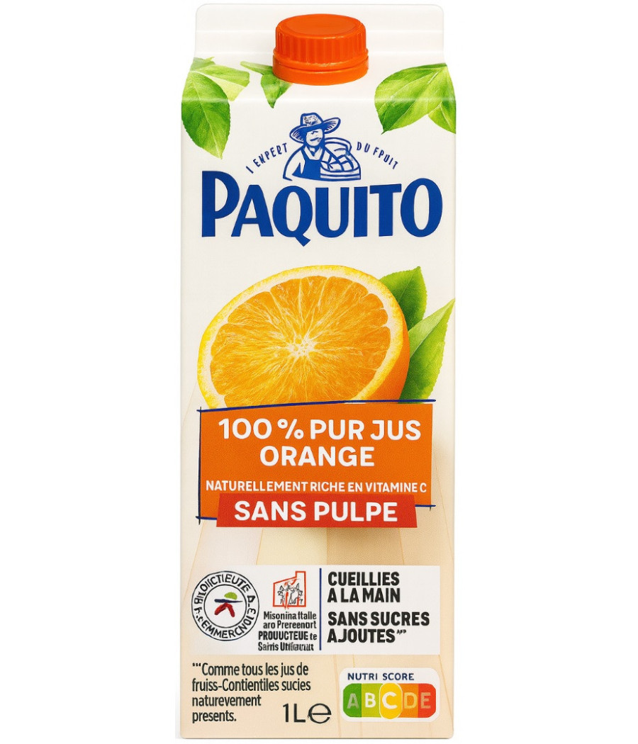 100% PUR JUS D'ORANGE SANS PULPE PAQUITO 1L