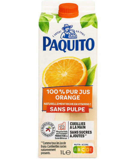 100% PUR JUS D'ORANGE SANS PULPE PAQUITO 1L