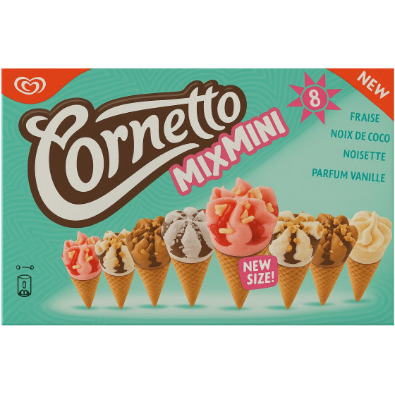 GLACE MINI CORNET VANILLE FRAISE COCO NOISETTE CORNETTO X8 288G