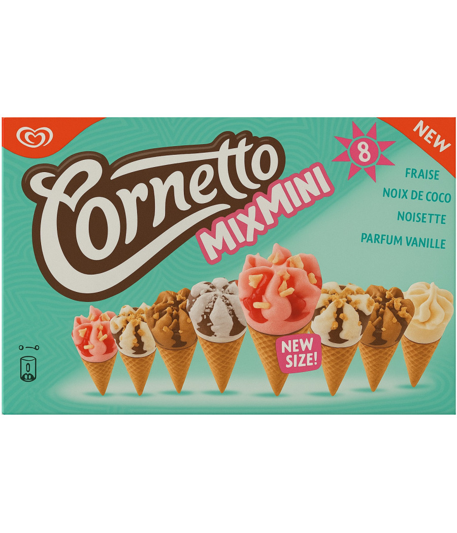 GLACE MINI CORNET VANILLE FRAISE COCO NOISETTE CORNETTO X8 288G