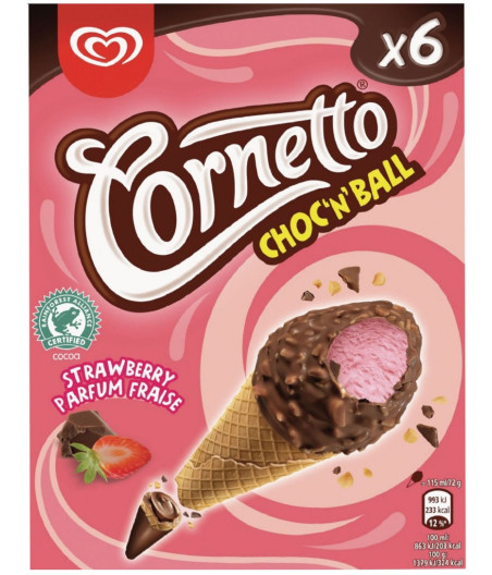 GLACE CHOC'N BALL FRAISE CORNETTO X6