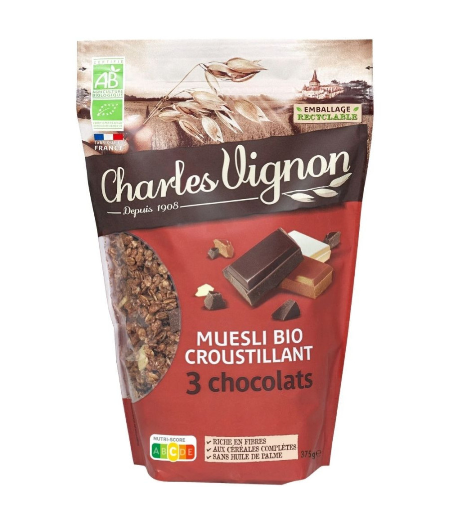 CEREALES MUESLI BIO CROUSTILLANT 3 CHOCOLATS 375G