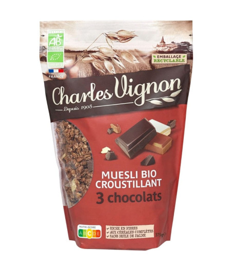 CEREALES MUESLI BIO CROUSTILLANT 3 CHOCOLATS 375G