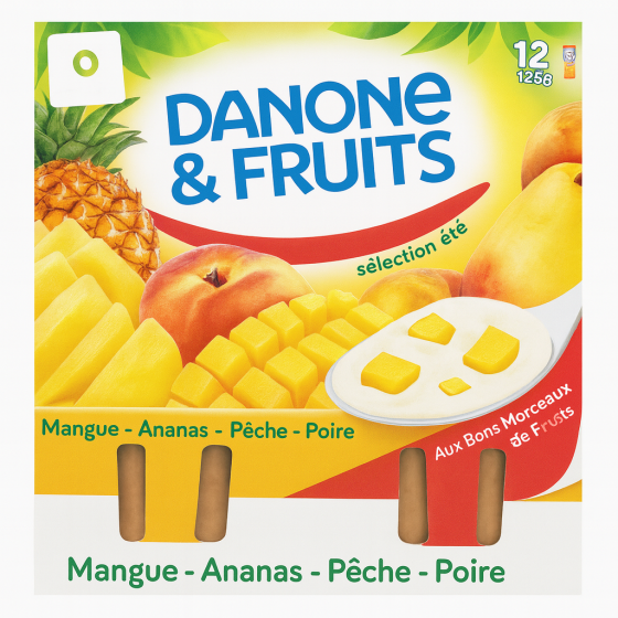 YAOURT FRUITES MANGUE ,ANANAS,PECHE,POIRE DANONE ET FRUITS  125G