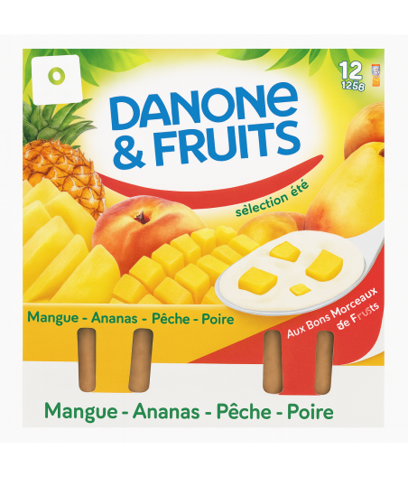 YAOURT FRUITES MANGUE ,ANANAS,PECHE,POIRE DANONE ET FRUITS  125G